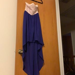 Indigo high low strapless white lace top dress